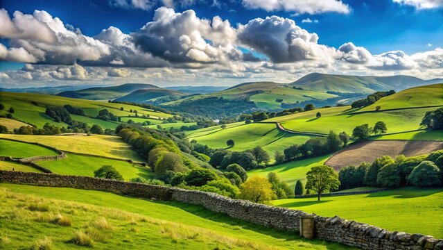 Serene landscape of rolling hills, green pastures, and rustic stone walls in Powys, Wales, under a clear blue sky with fluffy white clouds.