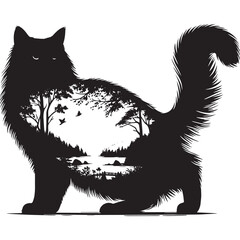 silhouette of Ragdoll cat, filled with nature view in rough drawing, minimalist,