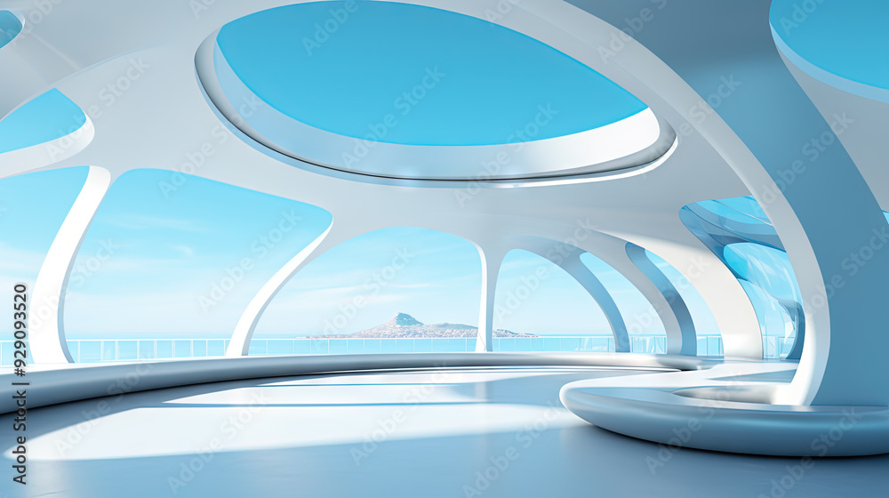 Poster Abstract architecture scene with smooth curves. Abstract background with futuristic building in white and blue colors.