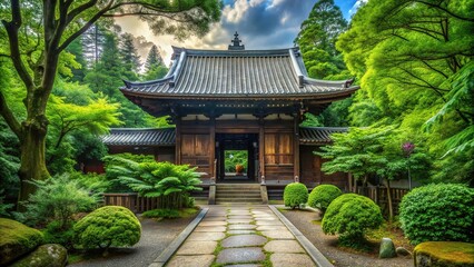 Fototapeta premium Serenely nestled among lush green trees, an ancient Sendai Zen Buddhist temple's rustic wooden gates and tranquil gardens evoke a sense of peaceful contemplation.
