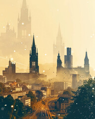 Obraz premium Aachen City Skyline Silhouette Poster Art - A city with tall buildings and trees