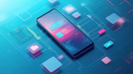 Fototapeta premium Connected Future: Smartphone Navigating Digital Landscape - A sleek smartphone with messaging app open, hovers above a vibrant, futuristic interface, symbolizing the seamless integration of technology