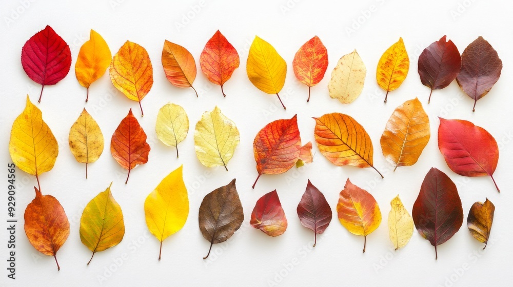 Poster a collection of autumn leaves in various colors and shapes arranged neatly on a white background sho