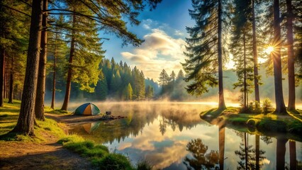 Serene morning landscape of a misty forest surrounded by towering trees, with a tranquil lake and a secluded campsite in the distance.