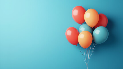 Bright and colorful balloons floating against a solid teal background, representing celebration and joy. Ideal for birthdays, parties, or festive events with plenty of copy space for text.