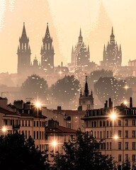 Fototapeta premium Lyon City Double Exposure Composite - A city with many buildings and a foggy sky