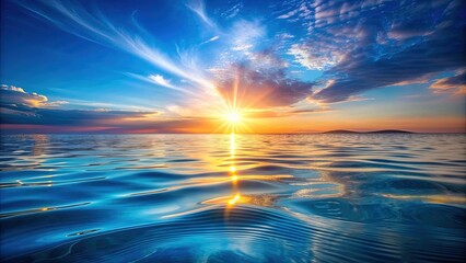 Obraz premium Serenene calmness exudes from this stunning blue water background, featuring gentle waves and sun's warm reflection, evoking feelings of tranquility and relaxation.