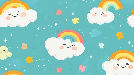 Naklejka premium A whimsical pattern featuring smiling clouds and rainbows on a light blue background.