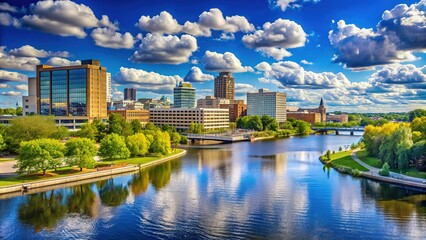 Obraz premium Serenene daytime cityscape of Green Bay, Wisconsin, featuring lush forests, majestic fox river, and modern architecture set against a vibrant blue sky with puffy clouds.