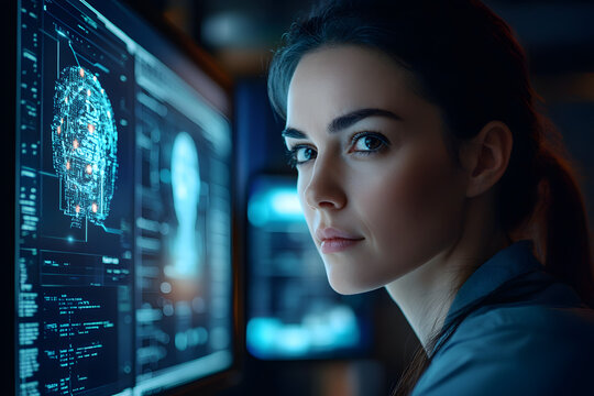 Artificial intelligence cyber security risks illustration concept AI banner. Female IT specialist coder analysing data information technology danger threats