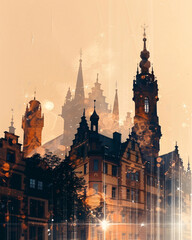 Fototapeta premium Freiburg Skyline Double Exposure Blistered Paper Poster - A building with towers and trees
