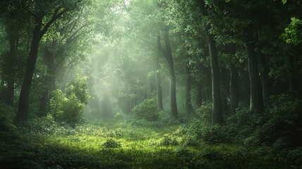 Obraz premium Mystical Forest Path: A sunbeam pierces through the dense canopy of a lush green forest, illuminating a mysterious path leading into the heart of nature. 