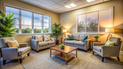 Serene recovery room with comfortable seating, calming colors, and peaceful atmosphere, symbolizing effective therapy and support for overcoming drug addictions and dependencies.