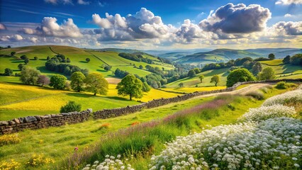 Serene rolling hills, lush green pastures, and ancient stone fences typify the idyllic Norman countryside, with wildflowers blooming beneath a bright blue summer sky.