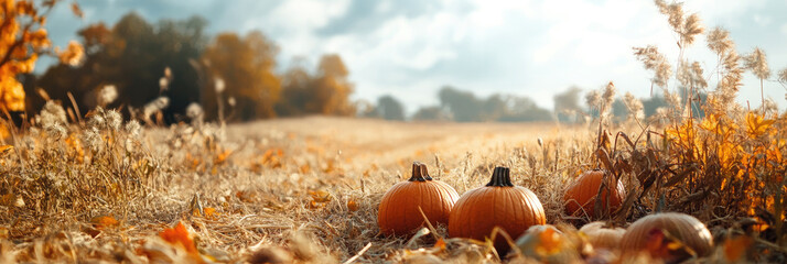 Several pumpkins are lying in a field with dry grass and fall foliage.Harvest Festival. Thanksgiving Day.Autumnal Equinox Day. Banner. Copy space