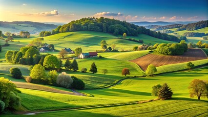 Naklejka premium Serene rural landscape featuring a vast expanse of lush green farm land with rolling hills, scattered trees, and a clear blue sky in the background.