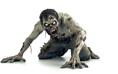 Zombie with a missing eye and rotting teeth, crouching down as if ready to pounce, with a menacing expression on a solid white background