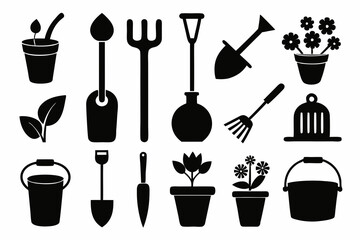 Gardening Tools - Icons Set silhouette vector illustration.