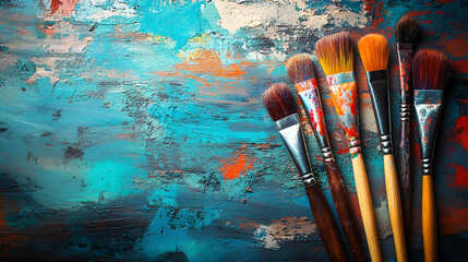 Obraz premium Artists Workspace Paintbrushes and Creative Tools