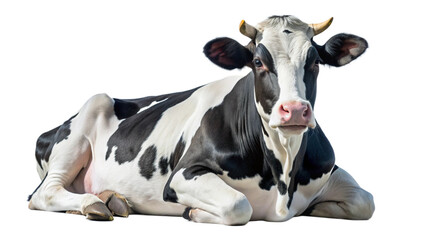 Black and white cow lying down relaxed pose  transparent background PNG