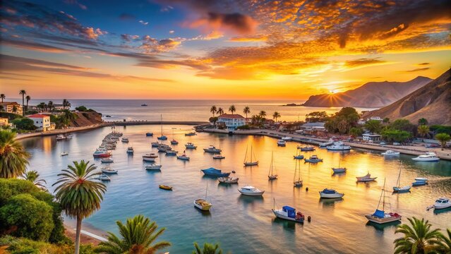 Serene sunset over Ancón, a picturesque coastal town in Peru, with sailboats docked in calm waters and lush greenery surrounding the scenic bay.