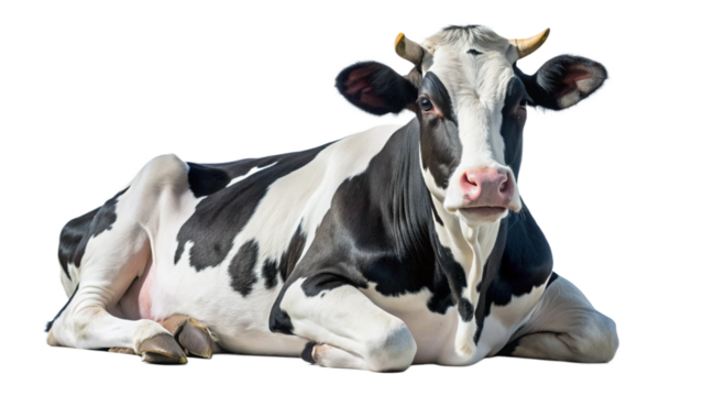 Black and white cow lying down relaxed pose  transparent background PNG