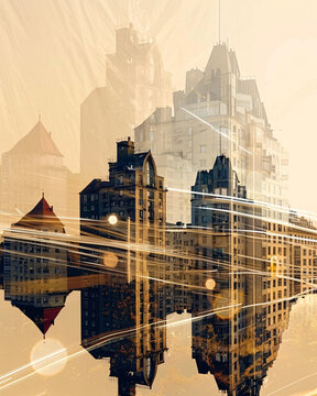 Chemnitz Germany Double Exposure Skyline Art - A city skyline with many buildings