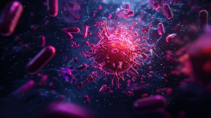 A vibrant, digital illustration of a virus interacting with bacteria in a dark, scientific background, showcasing microbiology concepts.