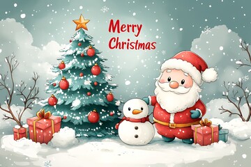 Fototapeta premium A cheerful Christmas scene featuring Santa, a snowman, a decorated tree, and presents.