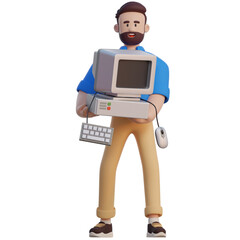 Businessman Lifting Old Computer 3D Character