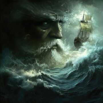 Apparition of an old sea captain on a ghost ship, surrounded by crashing waves, legends, maritime mystery
