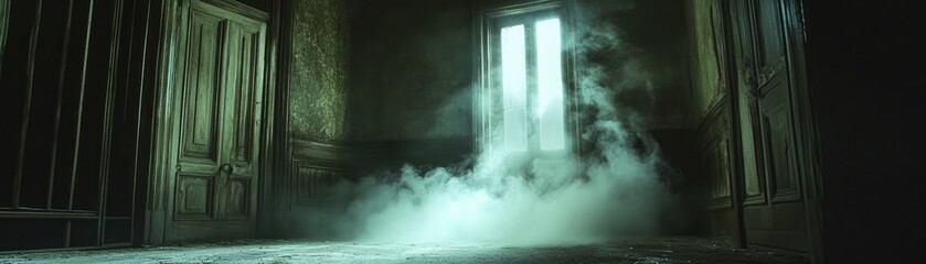 A dark, abandoned house with poltergeists violently shaking doors and windows, ghostly presence palpable, supernatural terror