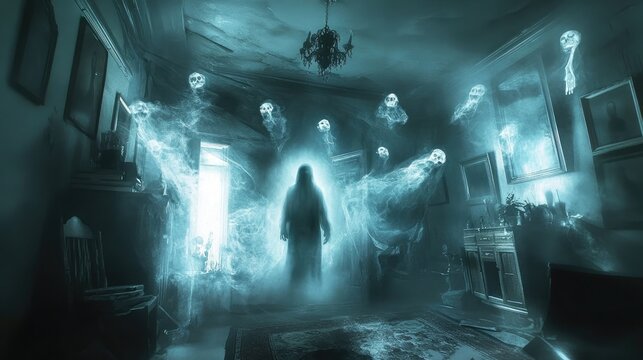 A ghostly figure surrounded by floating objects in a haunted room, poltergeist activity in full effect, supernatural and eerie
