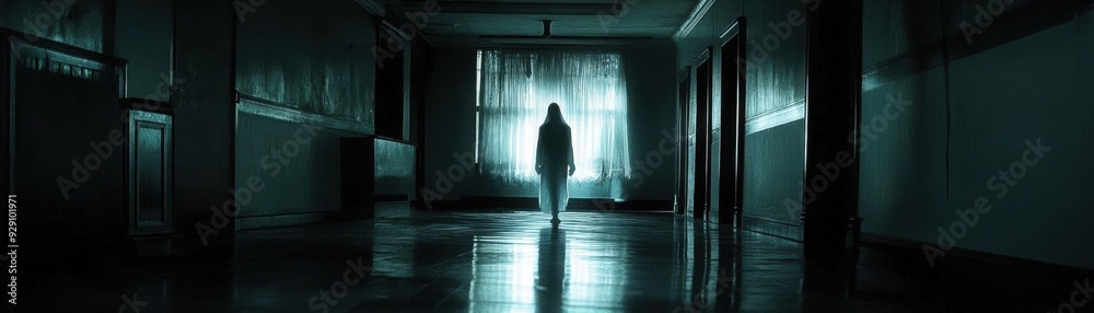 Wall mural dark room with only a slight glow from where the invisible ghost stands, its form barely perceptible