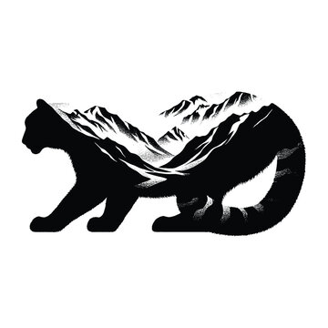 recommend clip art: silhouette of Snow leopard filled with mountain and nature view in rough drawing, minimalist,