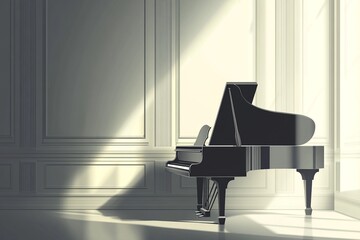 A vector background featuring a grand piano in the corner of a sophisticated room. The piano is...