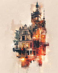 Obraz premium Alphen aan den Rijn City Tapestry Skyline Art - A building with a tower and fire