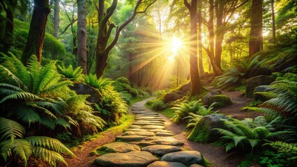 Fototapeta premium Serene winding rock path surrounded by lush green forest and vibrant ferns, perfectly lit by warm sunlight filtering through the dense tree canopy overhead.