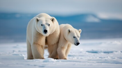White Polar Bears Family, Arctic Wildlife, Mother and Cub in Winter, North Pole Illustration