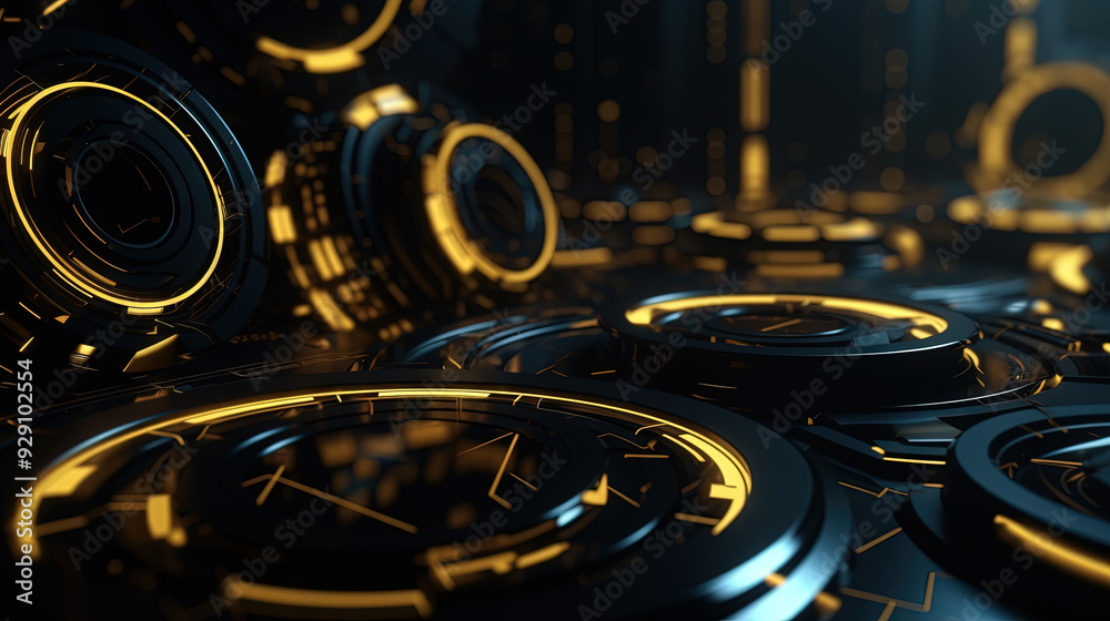 Poster Technology abstract background with hud styled round interface elements in neon tech light.