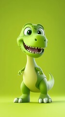 Fototapeta premium A cheerful green dinosaur character with a friendly smile against a bright background.