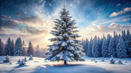 Fototapeta premium Serene winter wonderland scene featuring a solitary snow-covered pine tree standing tall amidst a gentle snowfall, surrounded by frosty evergreen forest landscape.