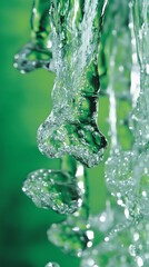 Water Running and Dripping on Green Background, Abstract Image, Texture, Pattern, Wallpaper, Cover and Screen of Smartphone, Cell Phone, Computer, Laptop, 9:16 and 16:9 Format