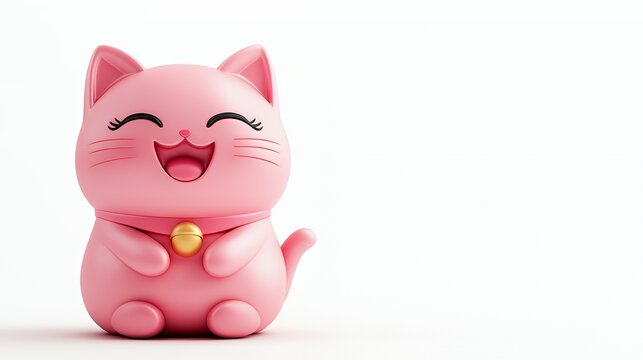 A cheerful pink cat figurine with a bell, exuding joy and playfulness.