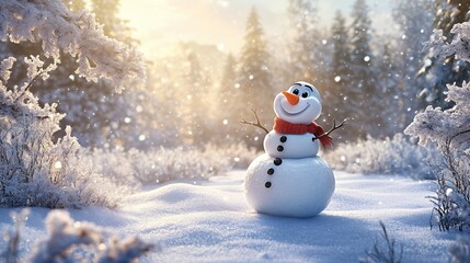 Obraz premium A cheerful snowman stands in a snowy landscape surrounded by trees, radiating winter joy.