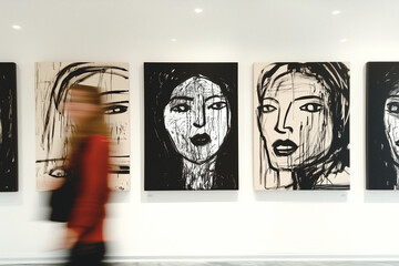 Abstract Portraits in Modern Art Gallery with Blurred Visitors