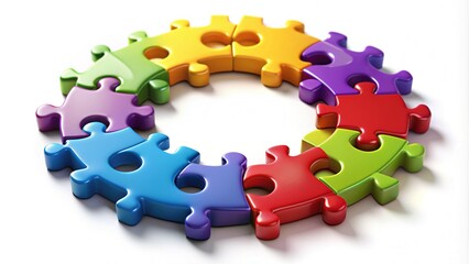 Seven interlocking puzzle pieces in different colors and shapes come together to form a complete circular shape, symbolizing unity, wholeness, and problem-solving.