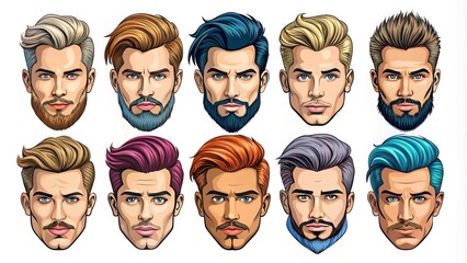 Set of stylish vector illustrations depicting various men's hairstyles, including undercuts, fades, and pompadours, in bold lines and vibrant colors on a white background.