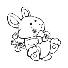 cute cartoon bunny rabbit eating red grapes line art vector illustration