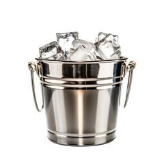 A shiny metal bucket filled with clear ice cubes, isolated on white background, transparent background.